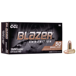 BLAZER BRASS AMMUNITION - 9MM LUGER, 124 GR, FMJ, 1090 FPS, 50/BX