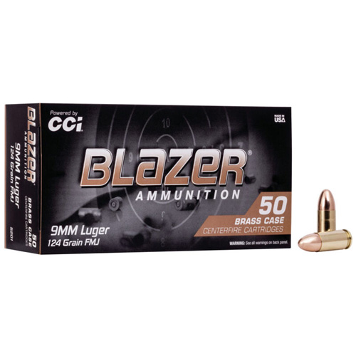 BLAZER BRASS AMMUNITION - 9MM LUGER, 124 GR, FMJ, 1090 FPS, 50/BX